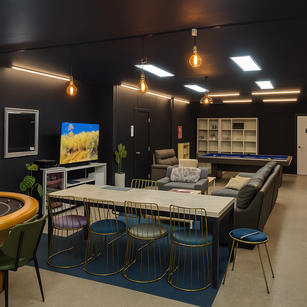 Wood-toned private game room with kitchen