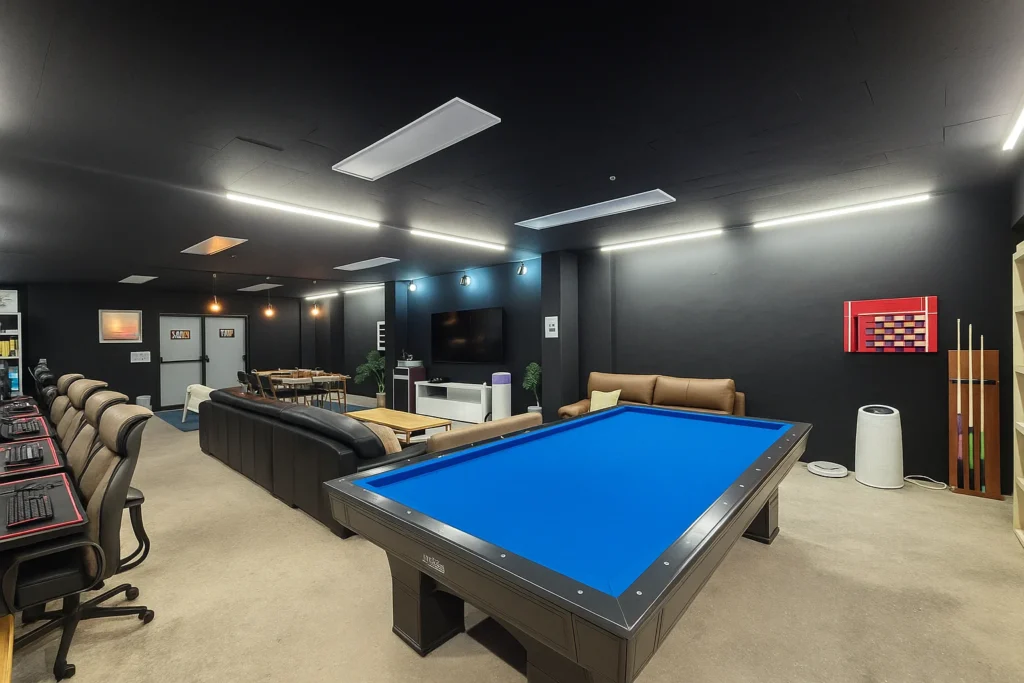 Billiard table and chairs at Hagye Station Game Room