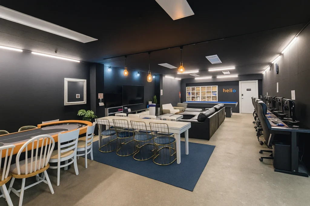 Wide PC gaming area with chairs and tables in Hagye Game Room