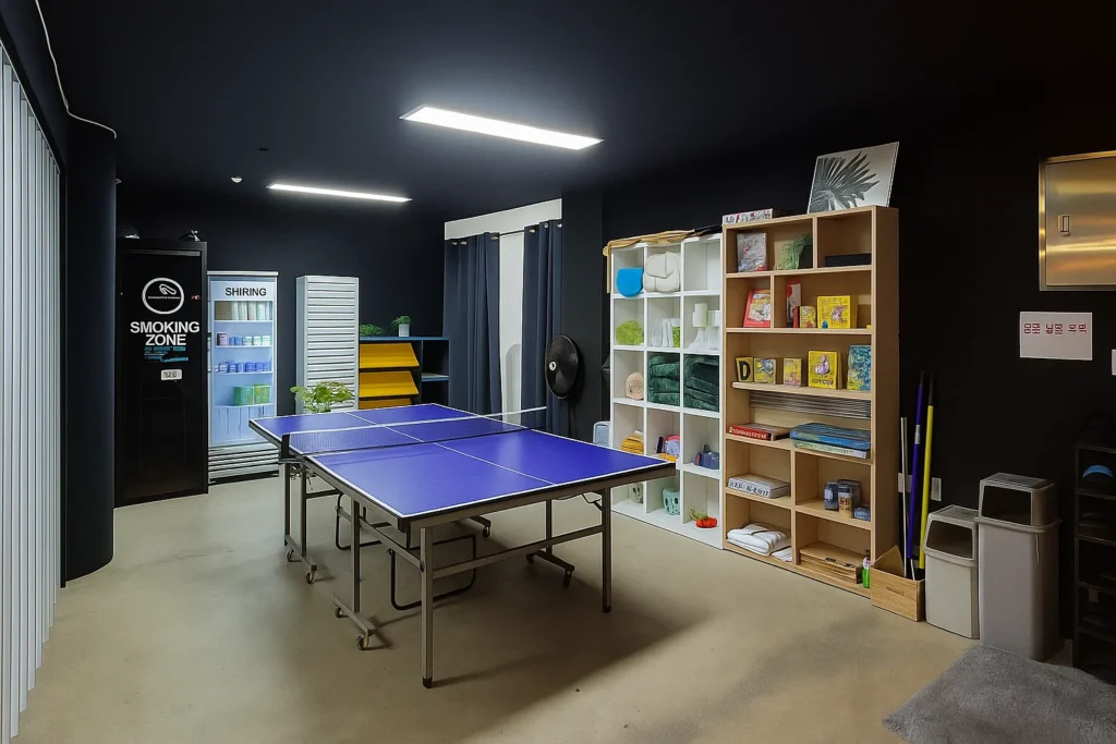 Table tennis area with storage shelves at Hagye Station branch