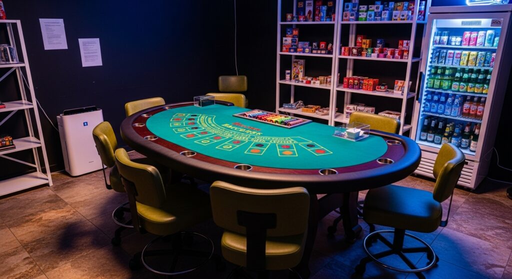 Board Game Room with Casino Vibes – Space Game Room Casino-style round table with board games and game shelves