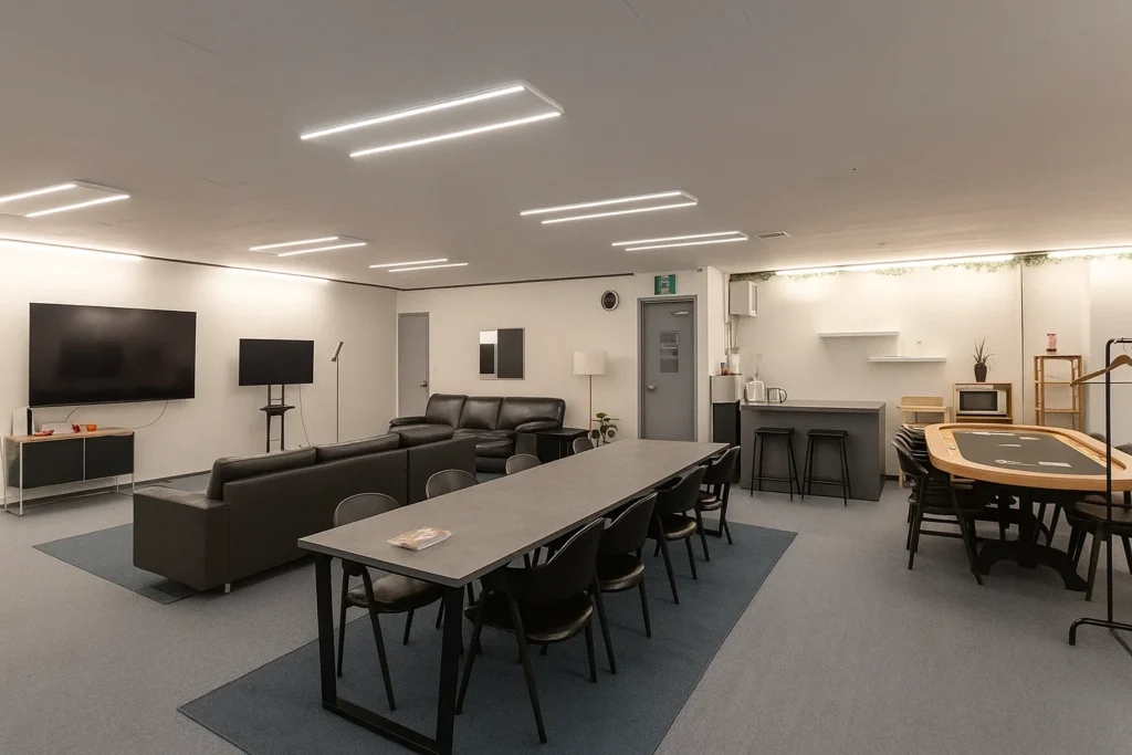 Meeting and dining tables set up in a group space