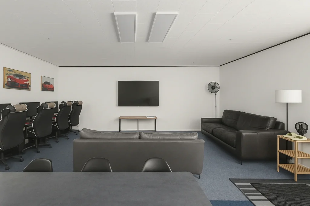 Console and PC setup with sofa seating in Buramsan Station branch