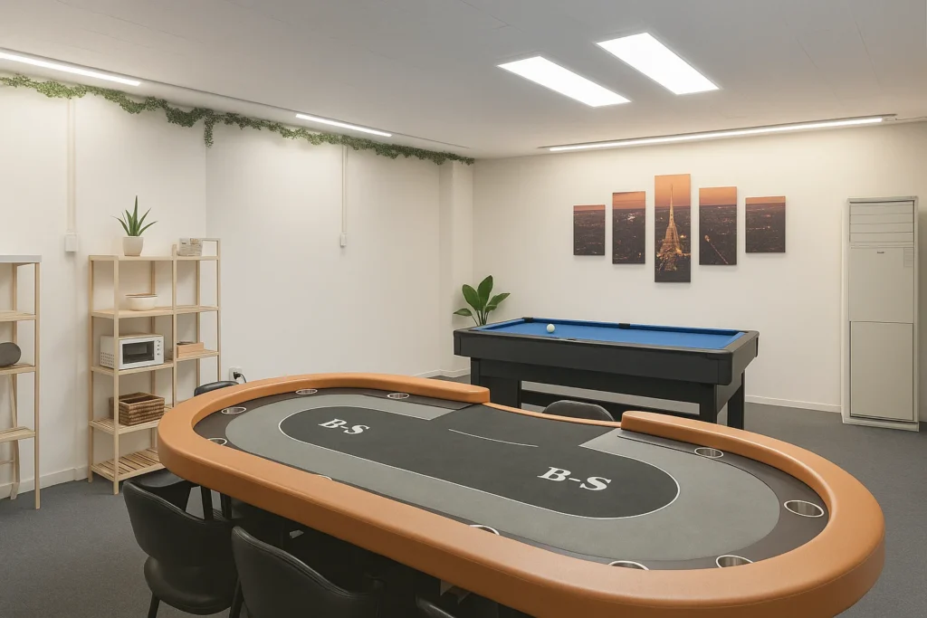 Poker table and billiard zone at Space Game Room