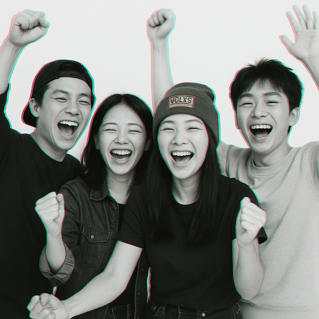 Friends celebrating in Space Game Room Group of young friends laughing and cheering at a party room