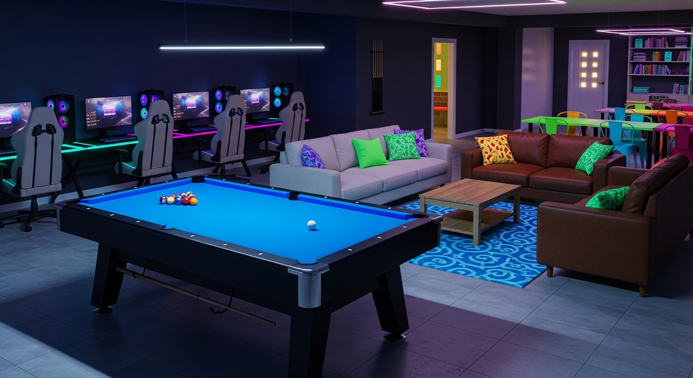 Space Game Room – Digital Vibe Gaming Zone Modern digital game room with billiards, gaming chairs, and ambient LED lighting