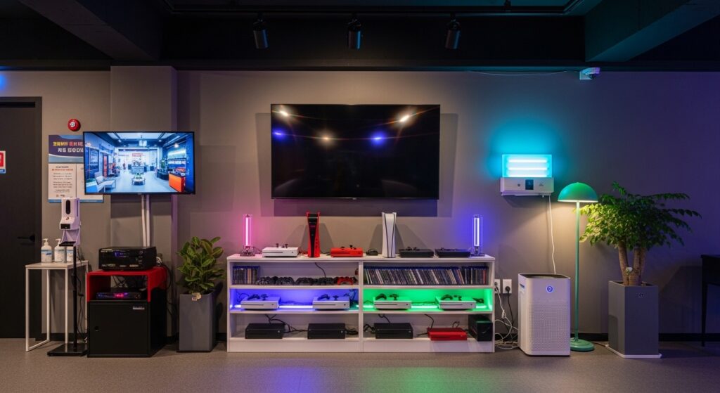 Multimedia Game Console Zone – Space Game Room Party room with multiple gaming consoles, monitors, and neon accent lighting