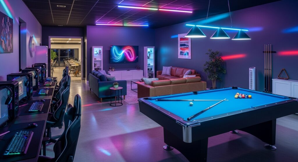 Neon Party Lounge – Space Game Room Stylish private lounge with neon lights, sofas, and billiards table