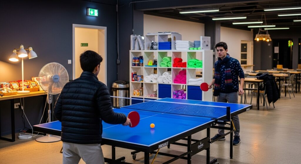 Common Area with Ping Pong Table – Space Game Room Guests playing ping pong in a shared game room with colorful storage and cozy lighting