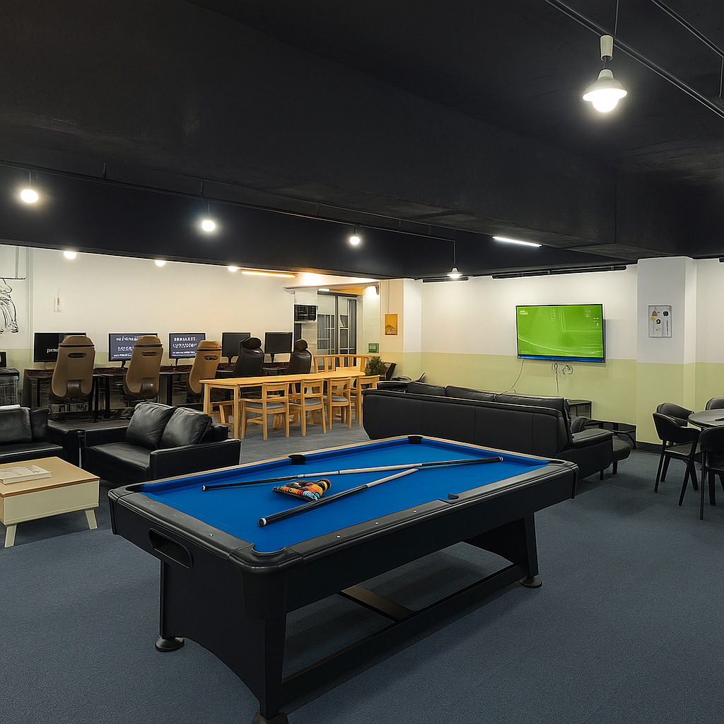 Spacious game zone with pool and PC game tables